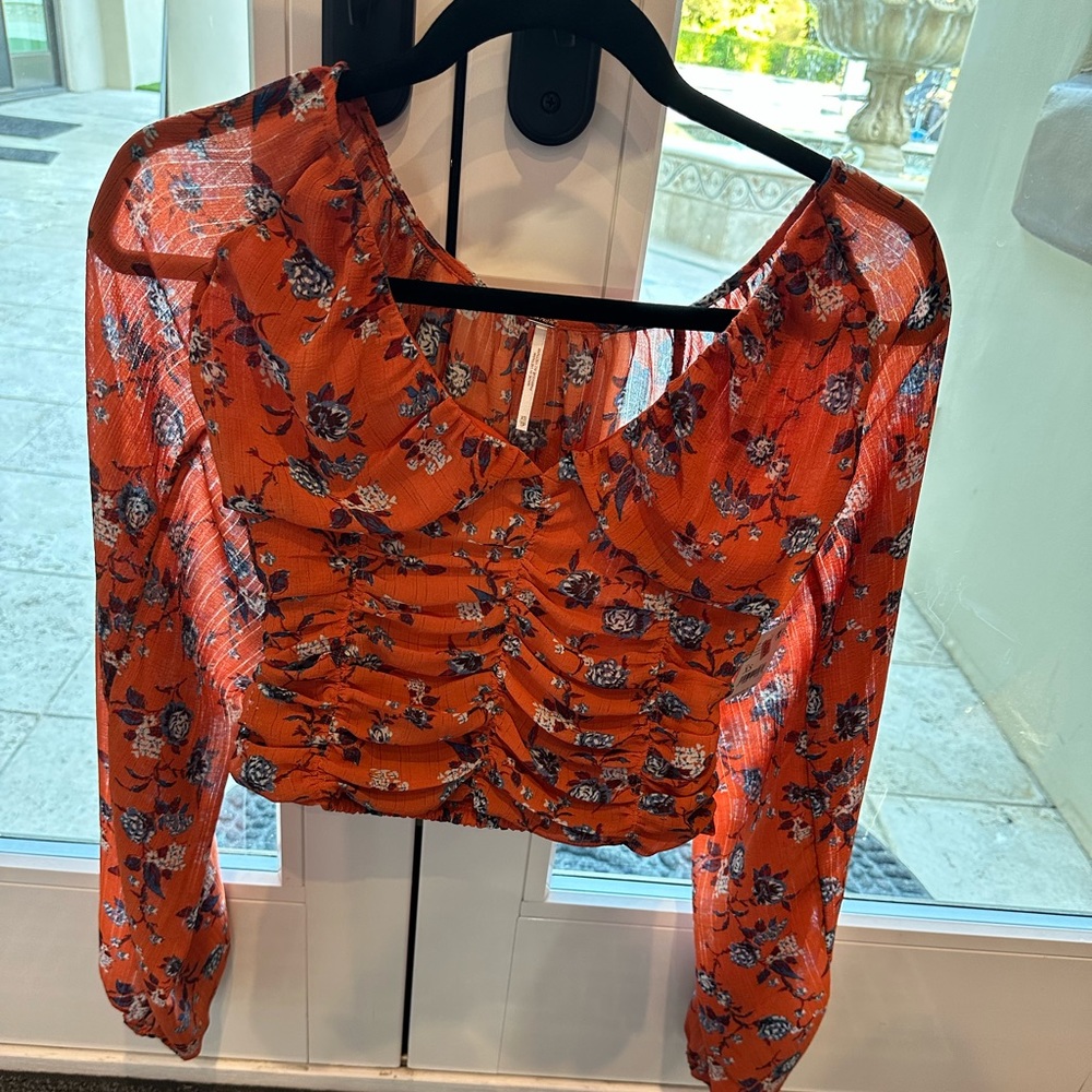 NWT Free People crop blouse with long sheer sleeves